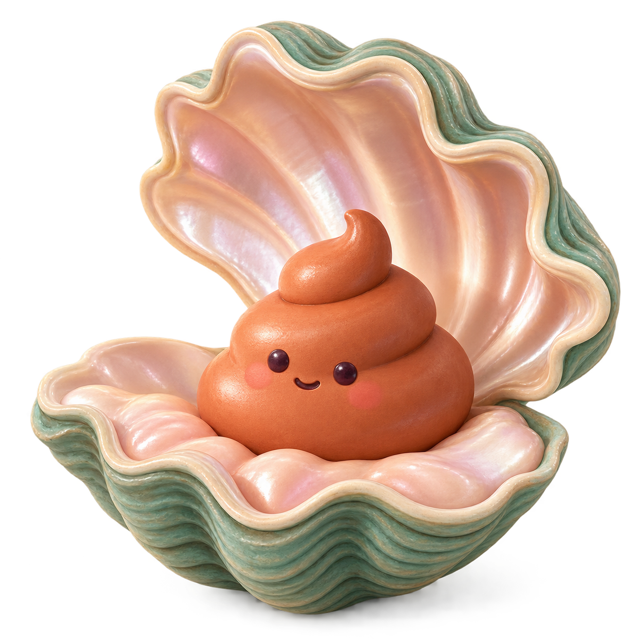 A smiling coral character sitting in a seafoam ceramic oyster shell